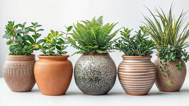 A row of ornamental foliage plants in terracotta pots on a white background