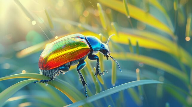 A photo of a brightly colored beetle perched on a blade of grass, showcasing its shiny exoskeleton and the tiny hairs on its legs. 