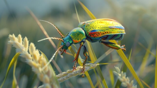 A photo of a brightly colored beetle perched on a blade of grass, showcasing its shiny exoskeleton and the tiny hairs on its legs. 