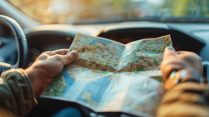 Driver holding a paper map for directions inside a car, suggesting navigation or planning a route.