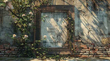A photo of a weathered wooden frame leaning against a brick wall, overflowing with climbing vines and blooming flowers.