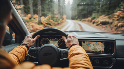 Driver in yellow jacket steering car, navigating through forest road with help of in-dash GPS map, rainy weather outside.