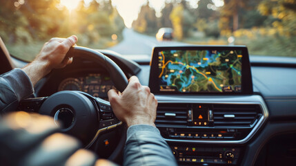 Driver's hands on steering wheel with a modern car dashboard and GPS navigation screen in the background. Road trip scene.