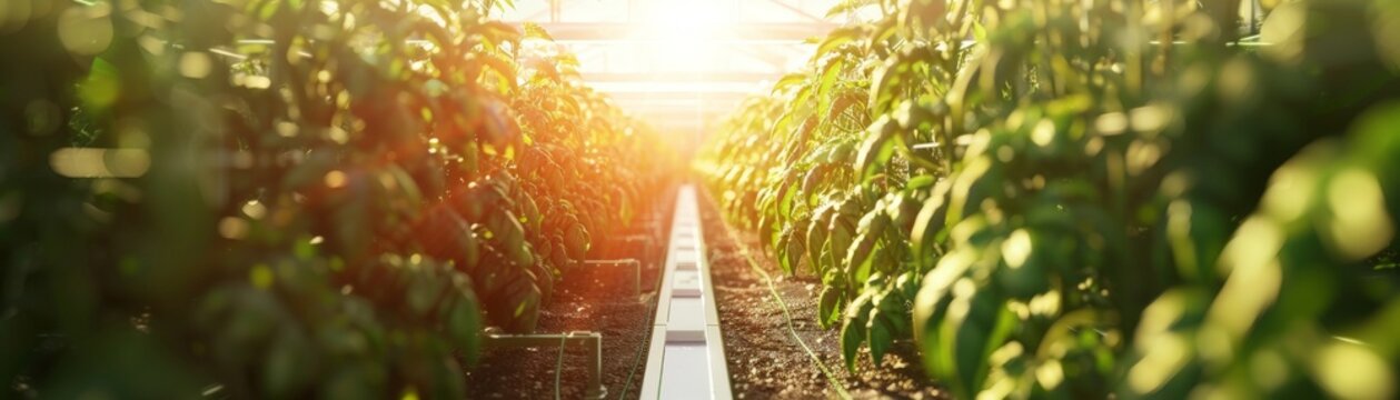 A photo of a modern greenhouse with automated irrigation systems and rows of perfectly aligned tomato plants bathed in warm sunlight.