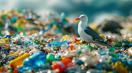 A photorealistic close-up of a landfill overflowing with colorful plastic waste, with a single seabird perched on top, pecking at a plastic bottle.  - obrazy, fototapety, plakaty