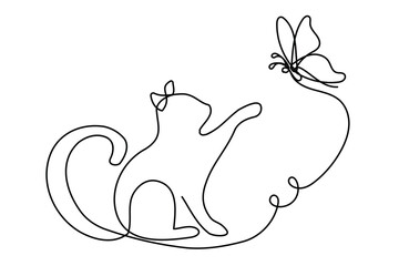 Line Art Cat Animal. Domestic Cute Pet Logo Sketch Silhouette. Doodle One Continuous Editable Outline Vector Illustration. Cute Mascot Symbol Contour Design	
