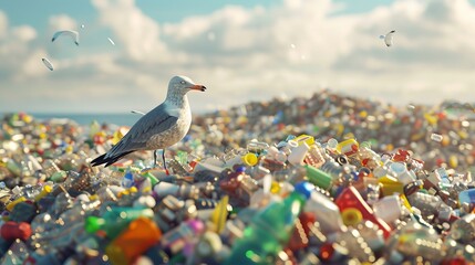 A photorealistic close-up of a landfill overflowing with colorful plastic waste, with a single seabird perched on top, pecking at a plastic bottle.  - obrazy, fototapety, plakaty
