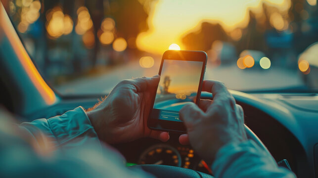 Driver using smartphone to navigate with sunset in the background, potentially unsafe distracted driving, urban setting.