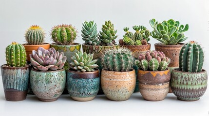 Array of succulents and cacti in classic terracotta clay pots on a white background