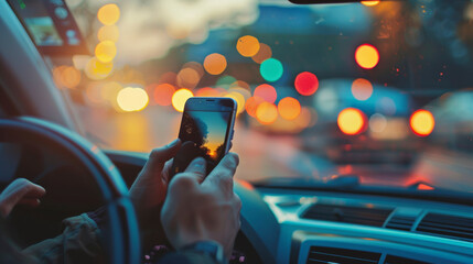 Driver using smartphone while driving at dusk, blurred city lights in background, potential distracted driving scenario, focus on phone in hands.