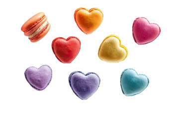 Fototapeta premium Colorful heart shape macaroons cake floating on the air isolated on background, sweet cookies macaroons Desserts sweet cake concept.