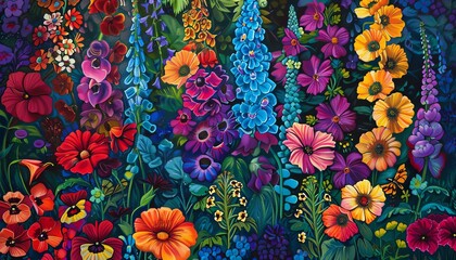 Fototapeta na wymiar Capture the mesmerizing beauty of a vibrant garden from a worms-eye view perspective, using vivid acrylic colors to emphasize the tears of joy cascading from delicate flowers in a surreal and magical