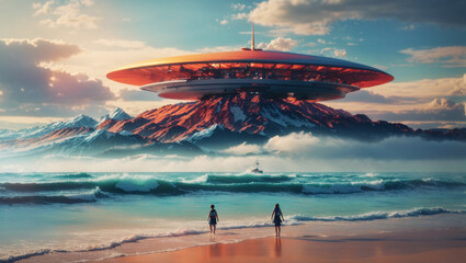 A painting of a flying saucer hovering over a beach