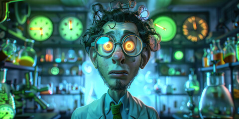 Scientist observing various clocks in a laboratory setting, conducting timerelated experiments and research - obrazy, fototapety, plakaty