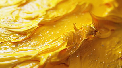 Close-up of vibrant yellow paint with thick, swirling texture and glossy sheen, displaying movement and depth in the brushstrokes.