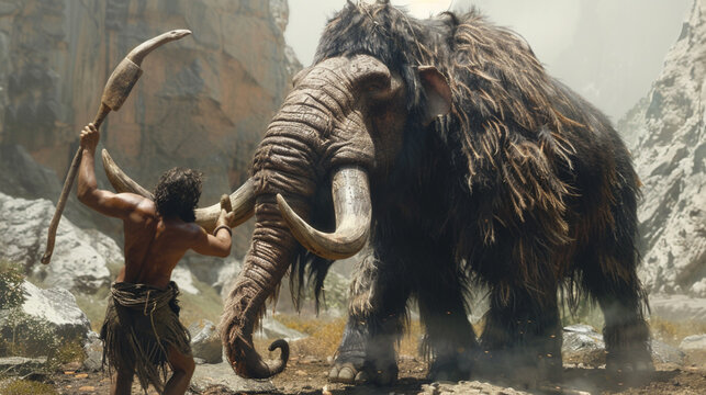 A small Neanderthal hunts a huge mammoth.
