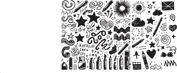 Scribble doodle paint underline children set, marker scratch, vector pen squiggle kit, black stoke. Kids hand drawn pencil abstract sketch, handwriting font alphabet, star, heart. Scribble doodle