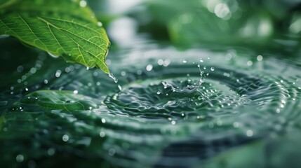 A photorealistic image of a raindrop splashing onto a smooth, waxy leaf, sending miniature ripples across its surface and tiny droplets cascading down.