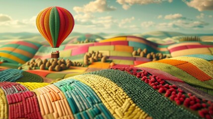 A playful papercut landscape of a hot air balloon floating over a colorful patchwork quilt of fields, each patch meticulously cut from different colored paper. - obrazy, fototapety, plakaty
