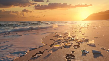 A pristine beach paradise at sunset, with footprints in the sand leading to a pile of discarded plastic cups and utensils.