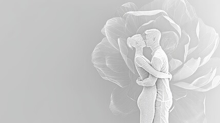 A single line drawing of a couple embracing, their figures blending seamlessly with a blooming flower in the background.
