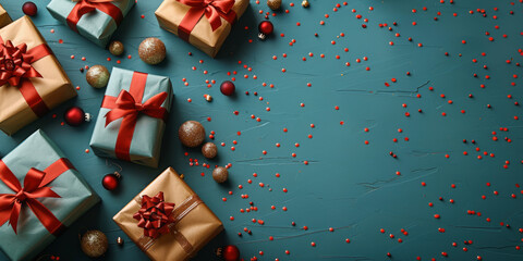 Assorted gift boxes with red bows and golden baubles scattered on a blue background with red confetti; festive holiday arrangement.