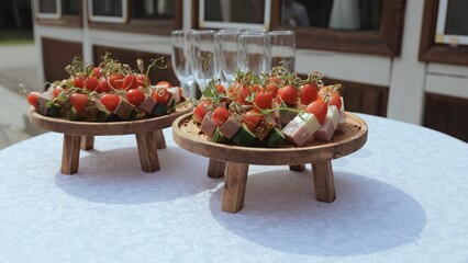 Champagne with appetizers on the buffet table. Buffet table, canape with cheese, cherry tomato and...