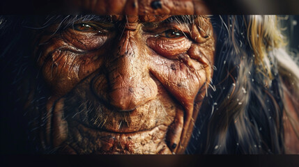 Neanderthal face. Extinct species. One of the ancestors of Homo sapiens. - obrazy, fototapety, plakaty