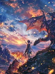 Manga Illustration Young female ancient fighter with a dragon on the top of a mountain