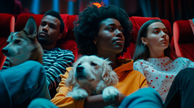 Attractive young multinational people and their dogs watch the premiere at the cinema