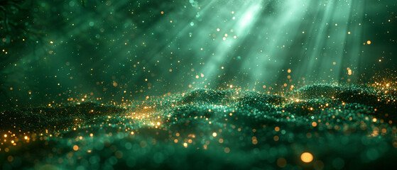 Asymmetric green light burst, abstract beautiful rays of light on a dark green background with the...