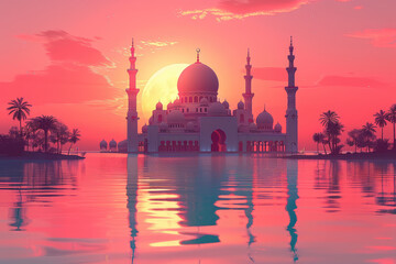  A beautiful mosque with the crescent moon and sky in a sunset, a night view with the mosque silhouette. Created with Ai - obrazy, fototapety, plakaty