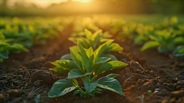 Eco-Friendly Farming at Sunset: Sustainable Growth & Water Care. Concept Sustainable Agriculture, Water Conservation, Sunset Farming, Eco-Friendly Practices
