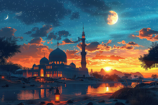 A beautiful mosque silhouette with a crescent moon in the sky, a vibrant sunset background, a water reflection. Created with Ai