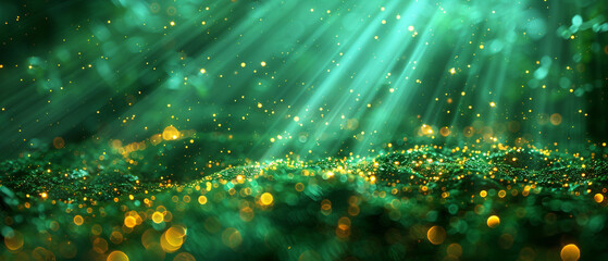 Asymmetric green light burst, abstract beautiful rays of light on a dark green background with the color of green and yellow, golden green sparkling backdrop with copy space.