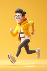 3d male runner in glasses isolated on yellow background. Marathon athlete. Vertical layout. For sports and race