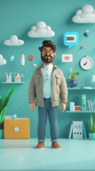 Man in the office. 3d character. Interface icons flying around. Vertical layout. Blue background