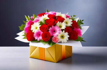 Bouquet of fresh flowers in a gift box on a blue background. Event, womens day