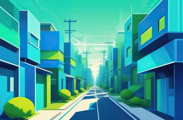 Fotobehang A futuristic city with similar low-rise houses on the street, trimmed by trees. Blue-green color scheme. © Natalia