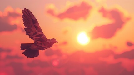 A single, stylized bird in flight against a backdrop of a minimalist sunset with geometric shapes for sun and clouds.