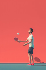 3d male ping pong player isolated on red background. Table tennis athlete. Vertical layout. Red background