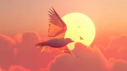 Naklejka premium A single, stylized bird in flight against a backdrop of a minimalist sunset with geometric shapes for sun and clouds.