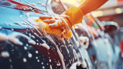 copy space, stockphoto, close up hands cleaning car with sponge and soap. Reducing water consumation. Sustainability concept. Environmental awareness, reducing water spill. Sustainability mockup. - Powered by Adobe