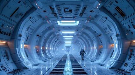 A futuristic space station with a man walking down the hallway