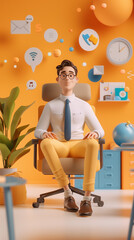 Man in the office sitting in the armchair. Front view. 3d character. Interface icons flying around