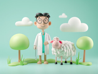 3d vet doctor with sheep on blue background. Isomeric character for illustration of animal care service