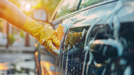 copy space, stockphoto, close up hands cleaning car with sponge and soap. Reducing water consumation. Sustainability concept. Environmental awareness, reducing water spill. Sustainability mockup.