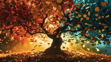 A symbolic papercut scene of a tree transforming, its summer leaves morphing into a vibrant autumnal palette, representing change and transition. - obrazy, fototapety, plakaty