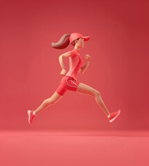 3d female runner isolated on red background. Marathon athlete. Vertical layout