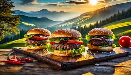 Culinary Trio: A Trio of Delectable Hamburgers on a Wooden Cutting Board - obrazy, fototapety, plakaty